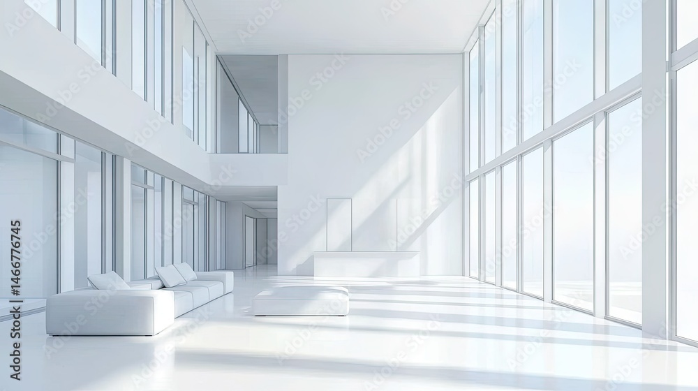 Fototapeta premium Bright white living space with tall windows, clean lines and minimal decor, D visualization of modern home interior