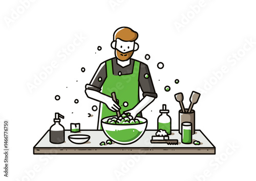 Soap maker stirring lye, bubbly vector illustration with swirling liquids, rustic tools