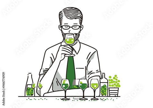 Sommelier tasting wine, elegant vector art with glass reflections and vineyard motifs