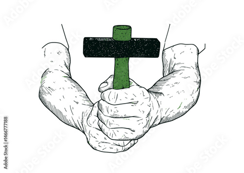 Stonemason carving a statue, textured vector illustration with chisel marks, stone grain effect