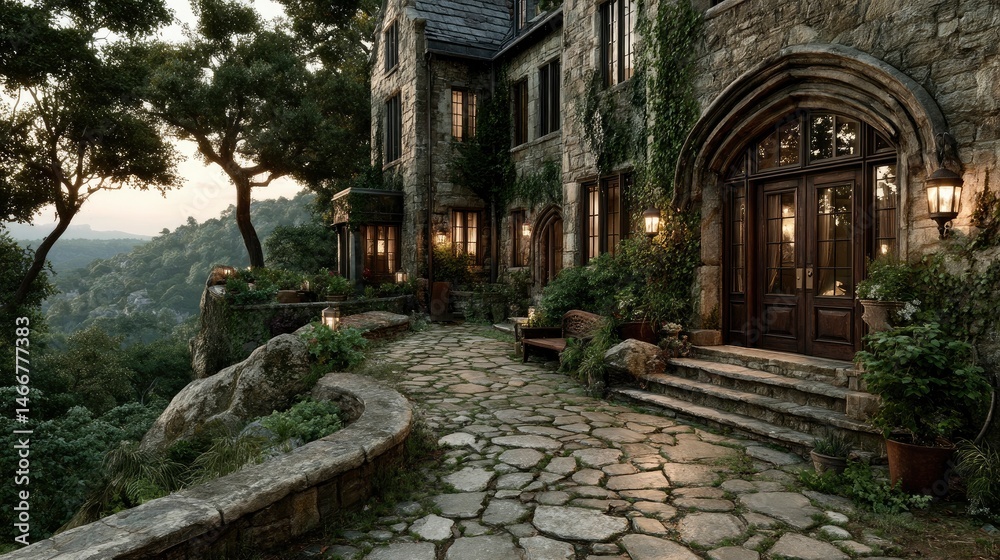 Fototapeta premium Stone house exterior at dusk