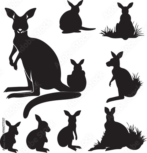Kangaroo Silhouette Vector Art: Black and White Graphic Illustration of Australian Wildlife, Mother and Baby Kangaroos, and Fauna Silhouettes