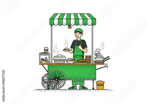 Street vendor selling food, vibrant vector illustration with cart textures and steam trails