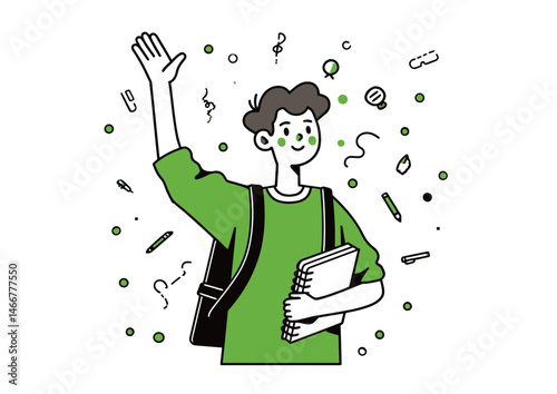 Student raising a hand, playful vector illustration with notebook doodles and backpack straps