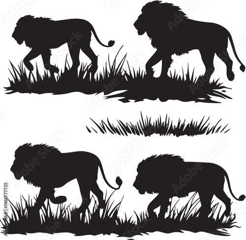 Lion Silhouette Vector Illustration: African Wildlife Graphic, Walking Lions in Grass, Black and White Animal Clipart for Design Projects