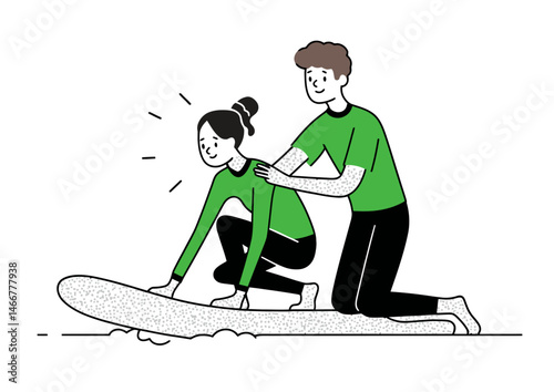 Surf instructor adjusting a student’s stance, sunny vector illustration with wave foam, wetsuit details