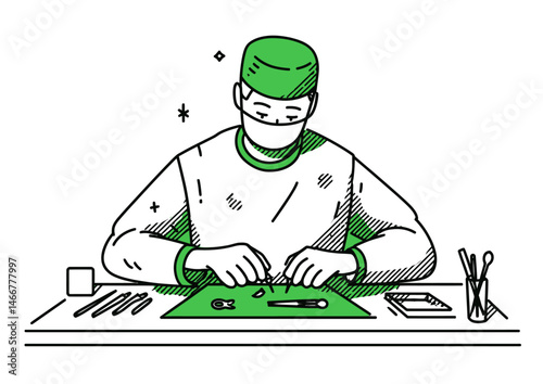 Surgeon performing an operation, precise vector illustration with surgical tools and masked focus