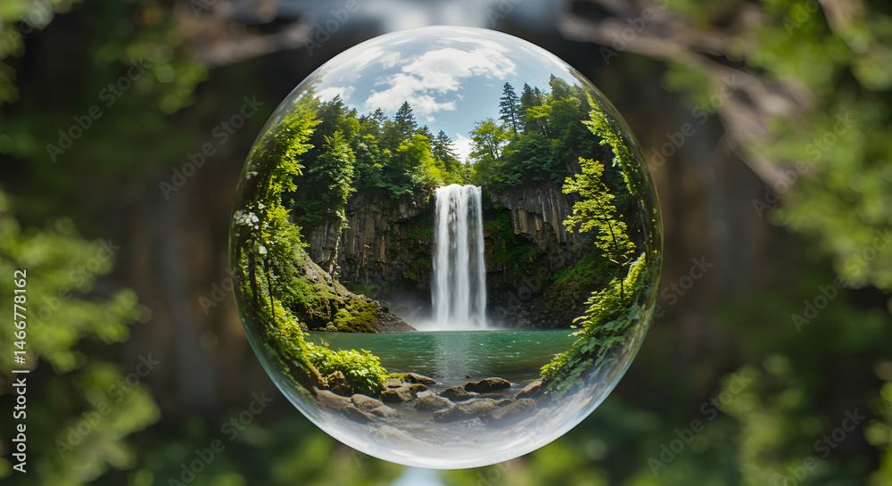 Crystal Ball Reflecting Waterfall Scene Amidst Green Lush Forest And Blue Sky Crystal Ball Reflecting Waterfall Scene Amidst Green Lush Forest And Blue Sky