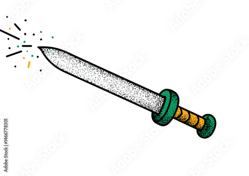 Sword sharpener grinding a blade, metallic vector art with flying sparks, gritty texture