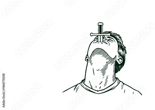 Sword swallower tilting head back, dramatic vector illustration with metallic reflections, vaudeville style