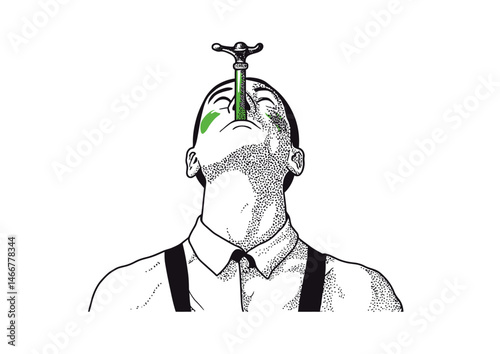 Sword swallower tilting head back, dramatic vector illustration with metallic reflections, vaudeville style