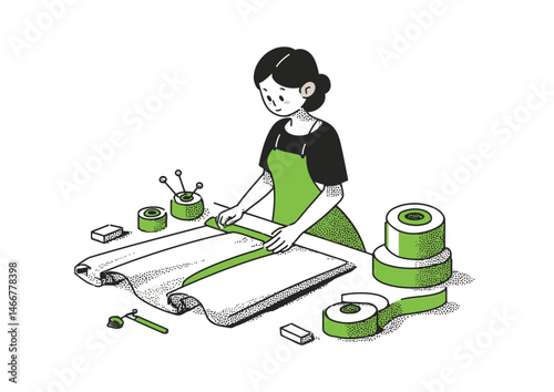 Tailor measuring fabric, detailed vector art with pin cushions and measuring tape coils