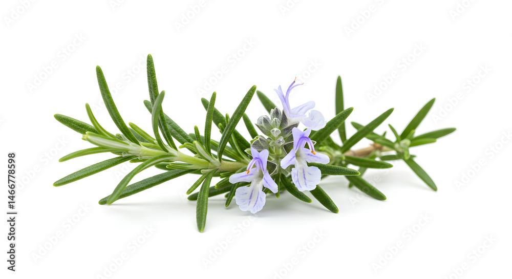 Naklejka premium Detailed Macro Shot of Rosemary Sprig with Lavender Flowers on White Background