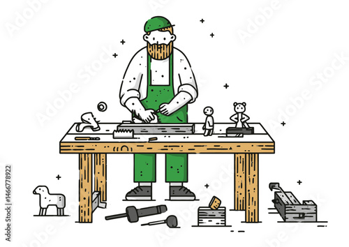 Toy maker carving wooden figures, rustic vector art with wood grain, paint splatters