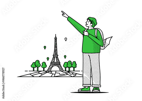 Tour guide pointing at a landmark, travel vector illustration with map details and group shadows