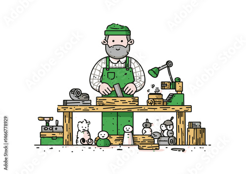Toy maker carving wooden figures, rustic vector art with wood grain, paint splatters