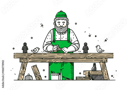 Toy maker carving wooden figures, rustic vector art with wood grain, paint splatters