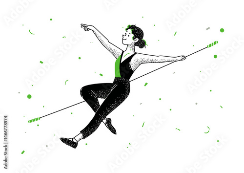 Trapeze artist mid-swing, elegant vector illustration with flowing lines, circus-themed colors