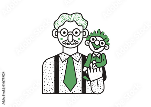 Ventriloquist with a puppet, whimsical vector illustration with exaggerated expressions, vintage style
