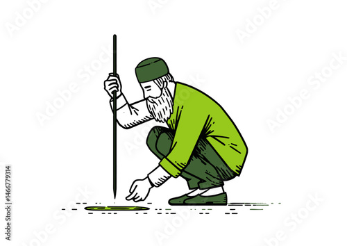 Water diviner holding a dowsing rod, mystical vector illustration with earthy tones, divining rod bend