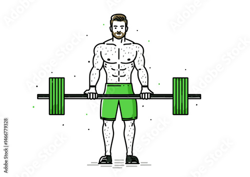 Weightlifter holding a barbell, muscular vector design with metallic sheen and sweat beads