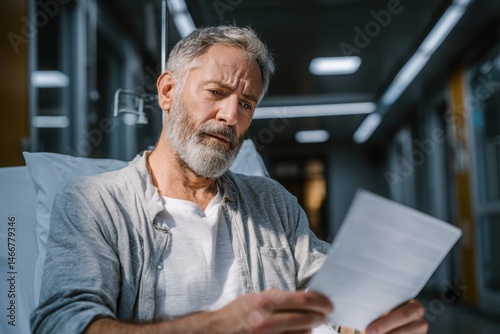 Hospital Patient Reading Medical Report: Worried Senior Man, Healthcare Information, Recovery, Hospital Room, cool toned photography