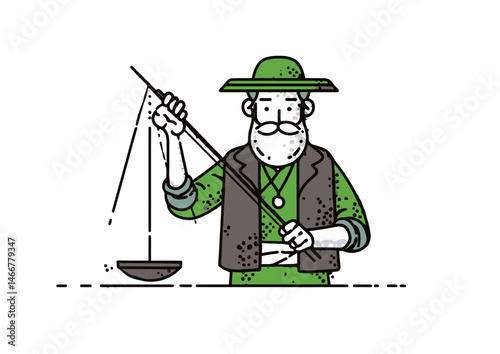 Water diviner holding a dowsing rod, mystical vector illustration with earthy tones, divining rod bend