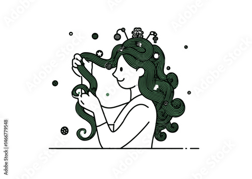 Wigmaker styling a hairpiece, ornate vector illustration with flowing curls, elaborate accessories