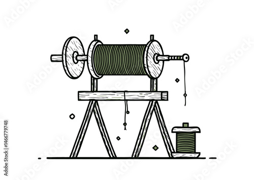 Yarn spinner twisting fibers, cozy vector illustration with wool strands, spinning wheel