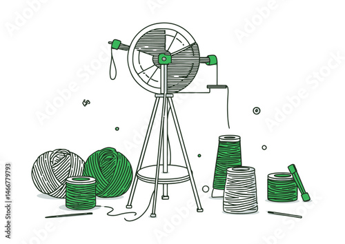 Yarn spinner twisting fibers, cozy vector illustration with wool strands, spinning wheel