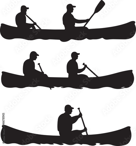Black and White Silhouette Illustration of People Canoeing: Paddling in a Canoe Vector Graphic for Outdoor Recreation and Water Sports Design