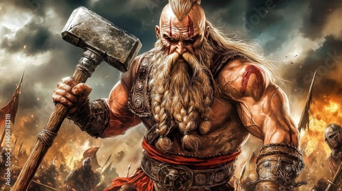 Fierce warrior with hammer leading battle in fantasy battlefield scene.