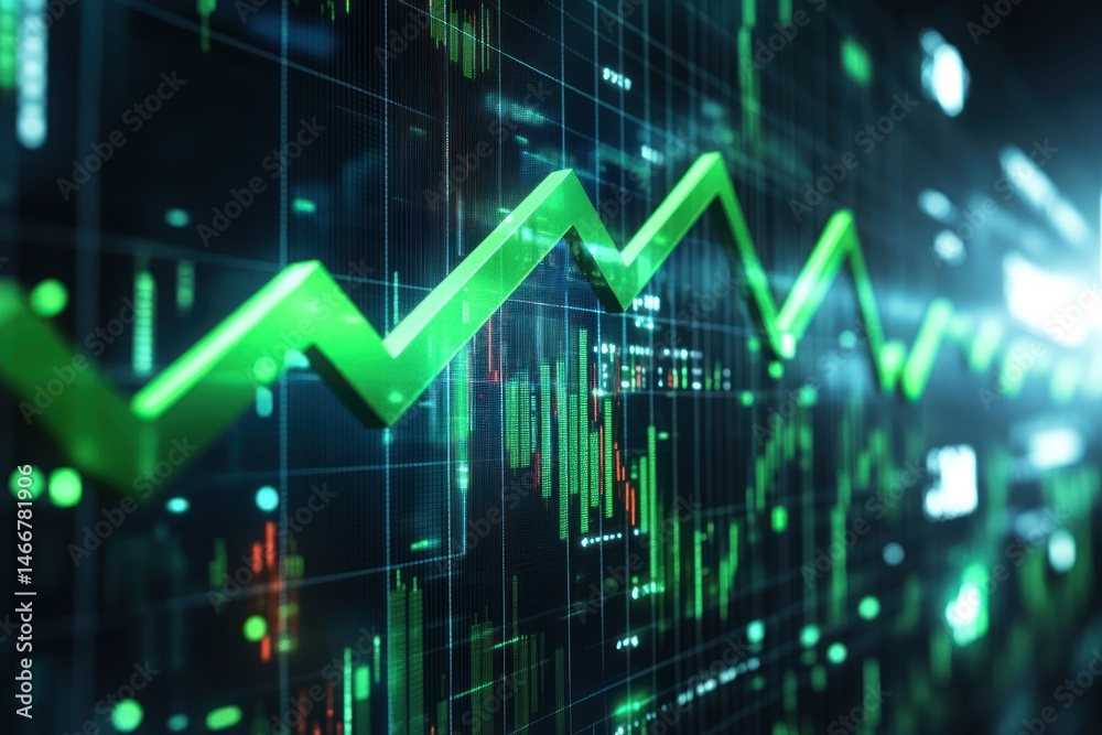 Stock market chart with green rising arrow