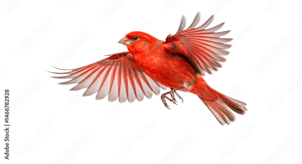 Fototapeta premium Isolated Red Cardinal Bird in Flight Against a White Background Displaying Wings