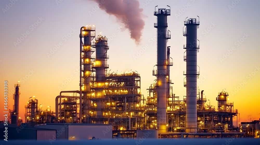 Obraz premium A large industrial plant with a lot of smoke coming out of it. The sky is orange and the sun is setting