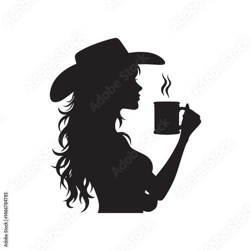 Cowgirl Holding Coffee Mug Vector Silhouette, Western Charm, Country Style, Rustic Life, Cowboy Spirit, Cozy Moment, Western Fashion.
