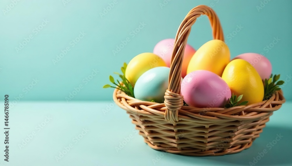 A collection of pastel-colored eggs in a wicker basket, bunny, pastel colors, nature A collection of pastel-colored eggs in a wicker basket, bunny, pastel colors, nature