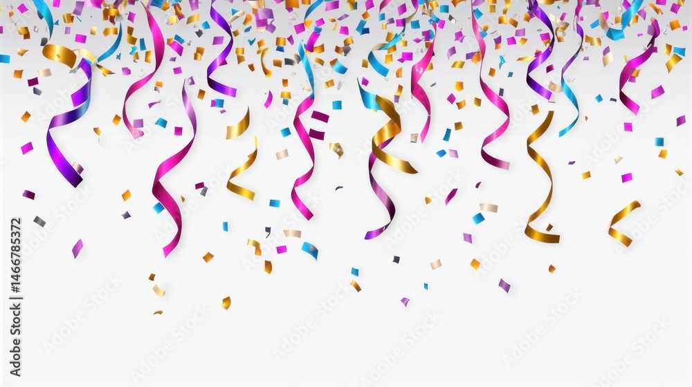 Fototapeta premium Celebration background of falling confetti and ribbons on white surface overhead shot for party invitation or greeting card