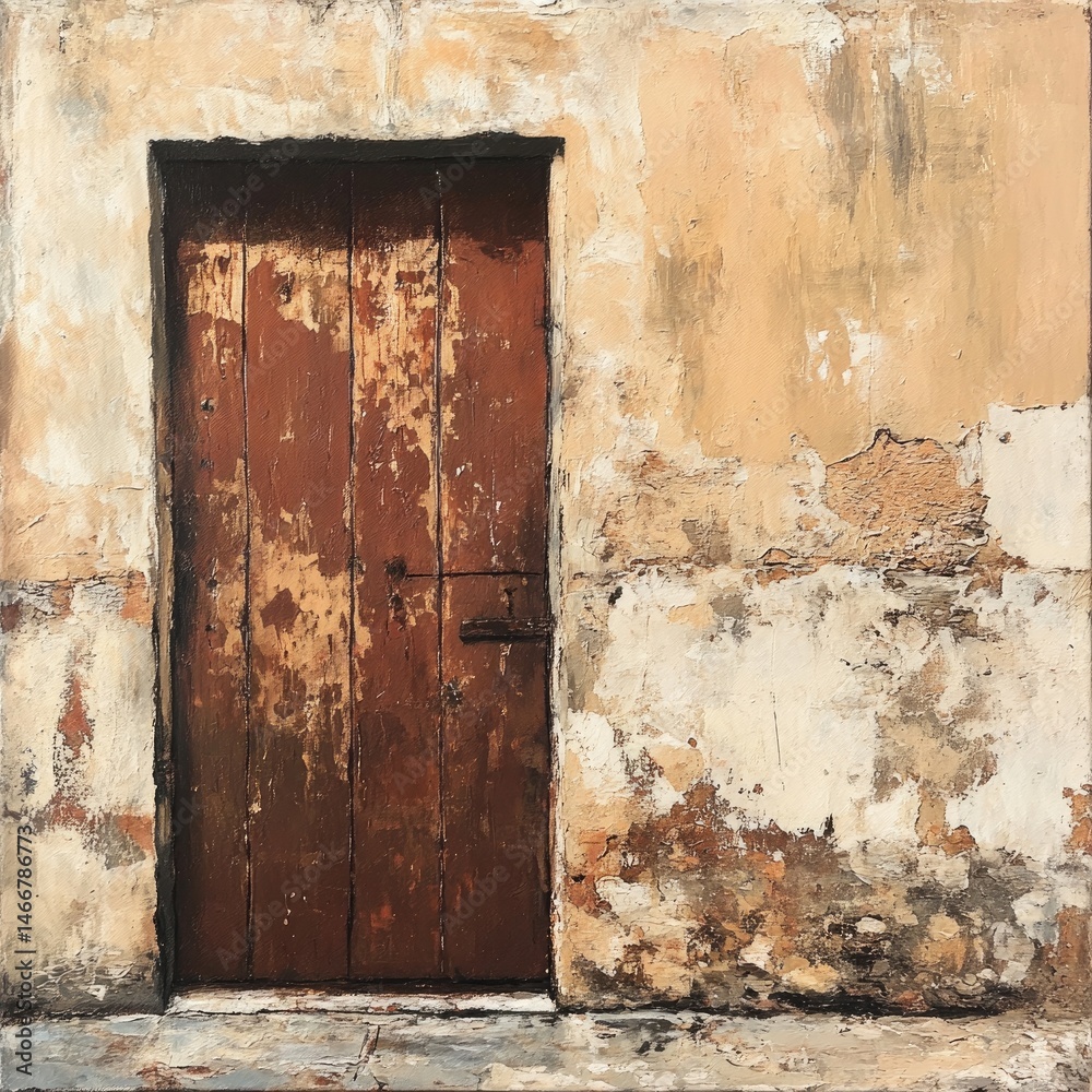 Naklejka premium Weathered wooden door in a crumbling wall