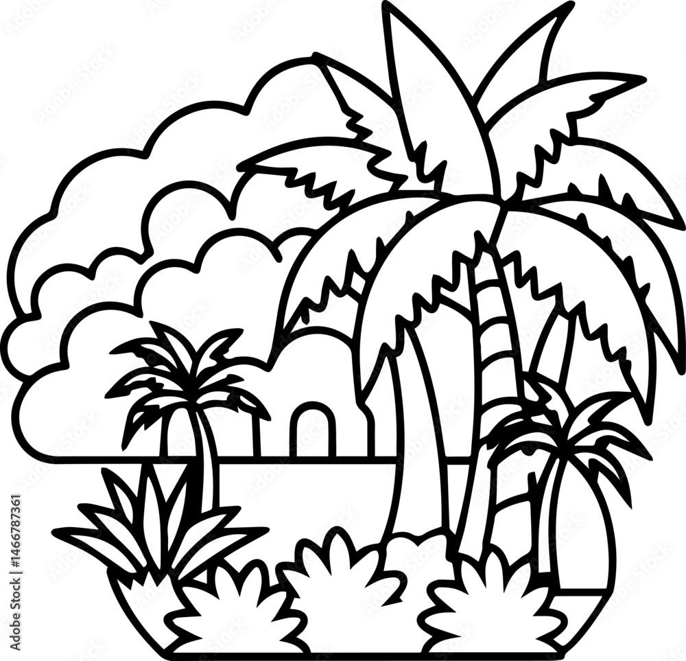 Tropical jungle outline with palm trees and foliage vector illustration line art