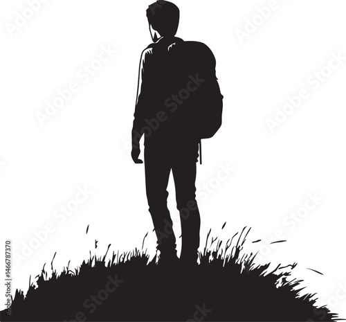 Silhouette of a Hiker with Backpack Standing on a Hilltop: Vector Illustration for Outdoor Adventure and Travel Concepts