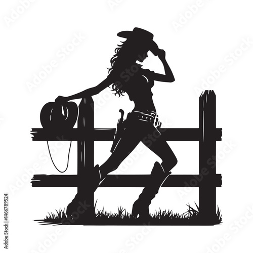 Cowgirl Leaning on Fence Vector Silhouette, Western Style, Rustic Charm, Country Life, Cowgirl Spirit, Rural Beauty, Western Fashion.
