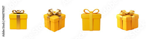 Four 3D Yellow Gift Boxes with Gold Ribbons Isolated on Transparent Background
