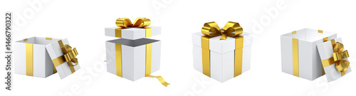 Elegant White Gift Boxes with Gold Ribbon Bows Isolated for Celebrations and Holidays