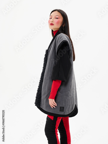 Φωτογραφία Street style fashion, Asian model in faux fur clothes on white studio background
