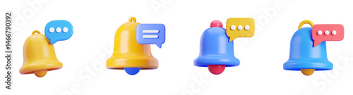 3D Render of Notification Bell Icons with Speech Bubbles for Social Media Alerts