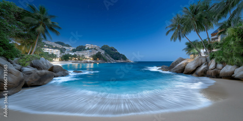 Seaside Serenity: Experience the captivating beauty of a secluded beach as the gentle waves caress the shore under a tranquil twilight sky.