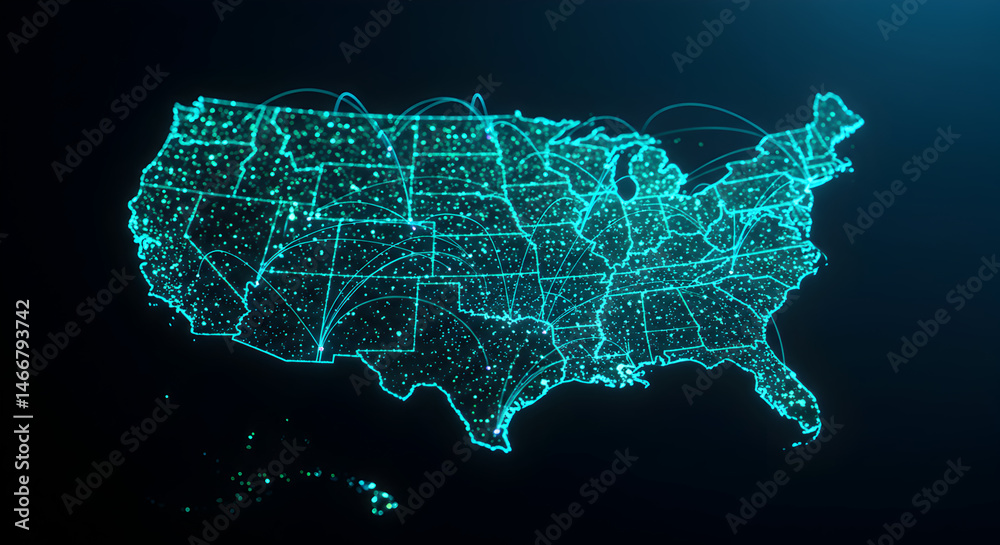 Obraz premium Abstract Neon USA Map Illustration On Dark Background Depicting Digital Connectivity