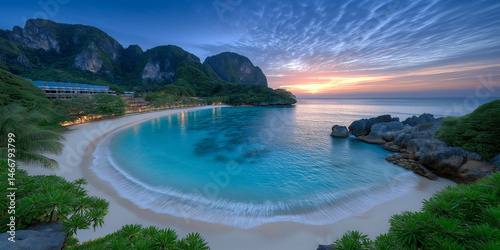 Serene Coastal Haven at Dusk: A breathtaking panorama unfolds at dusk, where a tranquil bay embraces the cerulean sea under a sky ablaze with the colors of sunset.