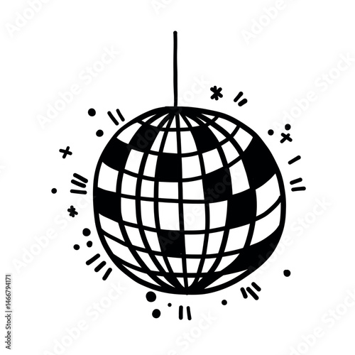 Hand drawn disco ball icon doodle in trendy style vector doodle icon mirror glittering with stars. Ideal for wedding, graduation party design templates